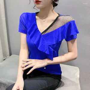 T-shirts Femmes 2024 Summer V-Cols Femmes T-shirt Sexy Hollow Out Luxury Diamonds Tops Streetwear Vêtements Manches courtes Slim Tees