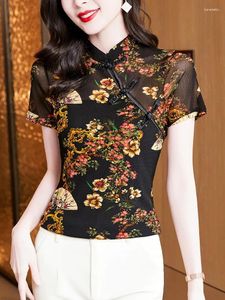 T-shirts Femmes 2024 Été Vintage Style Chinois Col T-shirts Pour Femmes À Manches Courtes Imprimé Fleurs Chemise Chemise Mesh Skinny Tops
