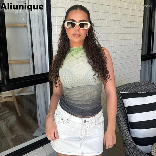 T-shirts pour femmes 2024 Summer Women Fashion Green Gradient Tops T-shirt Sexech Sexech sans manches