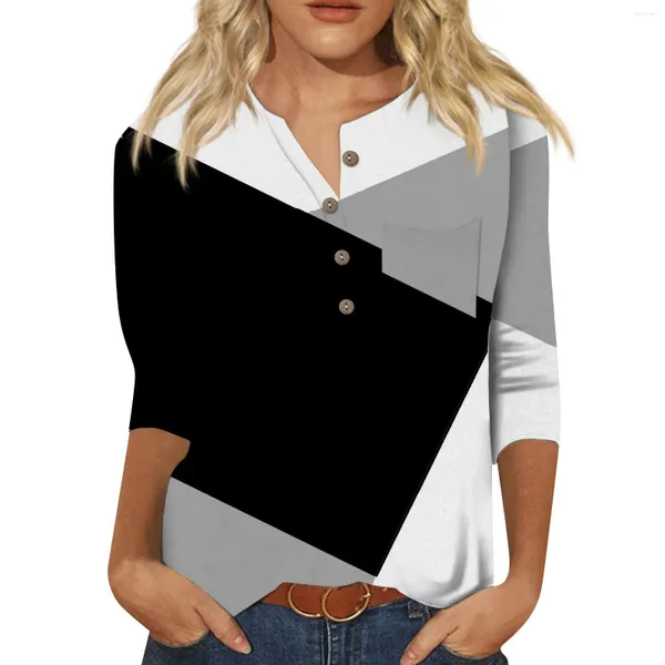 Camisetas para mujer 2024 Top vintage de moda para mujeres Damas Casual Manga de tres cuartos Cuello de botón Camiseta Geometría Impreso Gráfico