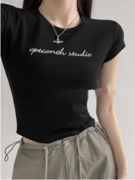 T-shirts pour femmes 2024 Tvvovvin Street Trendy Girl Round Neck Letter Imprimé à manches courtes pour femmes High Waited Slim Cut 0whv