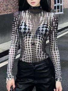 Dames T-shirts 2024 Vintage Mesh Doorzichtig Donker Gothic Dames Tops Cyber Y2k Punk Gedrukt Sexy Crop Top Mock Neck Bodycon Lange mouw