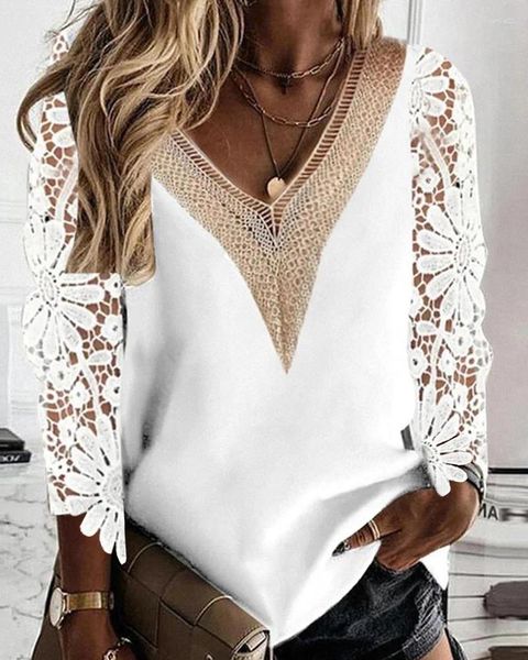 Camisetas para mujer 2024 Mujeres Crochet Lace Patch V-Cuello Top Casual V Cuello Manga larga Jersey Suéter Ladies Tops Ropa para mujer Mujer