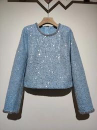 Vrouwen T-shirts 2024 Vrouwen Mode Lange Mouw Sexy Casual Blue Sequin Diamond Trui Tweed Top 1219