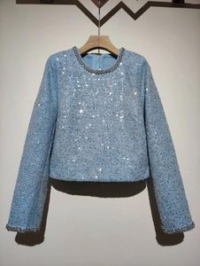 T-shirts Femmes 2024 Femmes Mode Manches longues Sexy Casual Blue Sequin Diamond Pull Tweed Top 1219