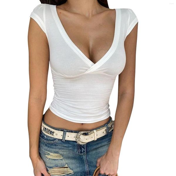 T-shirts pour femmes 2024 Crop Tops Crops à manches courtes en V Deep Nou Color Couleur Slim Fit T-shirts Vêtements esthétiques
