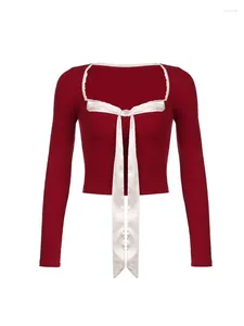 T-shirts Femmes 2024 Y2K Sexy Red Bowknot Lacets à manches longues Corset Crop Top pour femmes Mode coréenne T-shirt de Noël Basic Pull