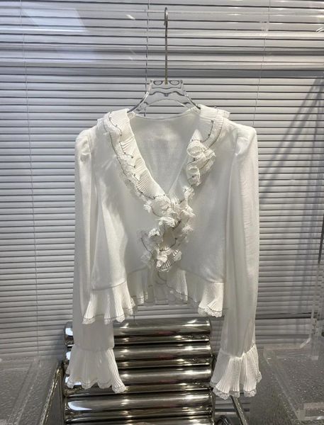 Camisetas para mujer 23 Primavera y verano Niche Peplum Pressed Frilly Lace V-cuello de manga larga Camisa delgada 2023