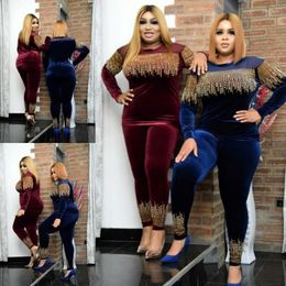 Camisetas para mujer Conjuntos de 2 piezas Camisetas elásticas Pantalones con diamantes de imitación Trajes Moda Mujer africana Terciopelo Manga larga Tops Pantalones Trajes delgados