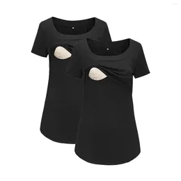 T-shirts Femmes 2pcs Femmes Casual Confortable Élastique À Manches Courtes Maternité Top Maternité Été Noir Cadeau Pour L'allaitement Doux Carré