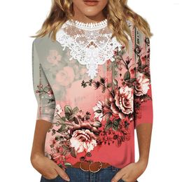 Camisetas para mujeres Topas de manga de 3/4 de longitud Tops casual de encaje suelto de encaje en v lindo estampado floral retro túnica de tres cuartos