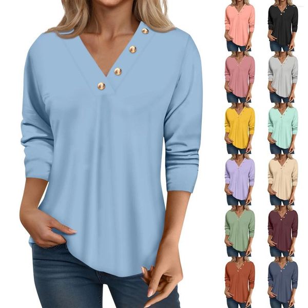 T-shirts pour femmes manches 3/4 mode couleur unie col rond bouton haut motif simple ajustement minceur chemise polyvalente Ropa De Mujer