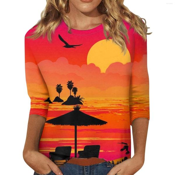 T-shirts pour femmes 3/4 manches pour femmes Hawaii Imprimer T-shirts graphiques Blouses Casual Plus Taille Tops basiques Pull Top Fashion Blouse 2024