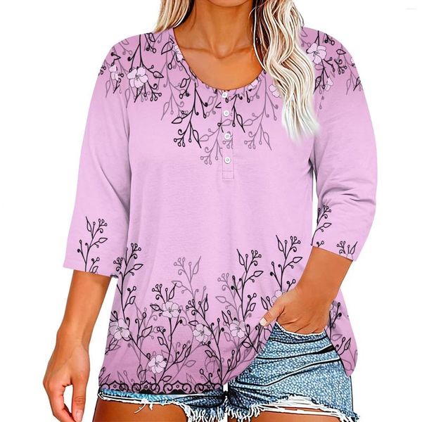 T-shirts de femmes 3/4 Sleeve pour femmes Print Graphic Tees Bouton V-Neck Blouses Casual Plus Size Basic Tops Pullover Coréen Avis Beaucoup