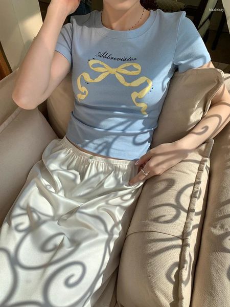 T-shirts pour femmes 3Colors 2024 Summer Korean Style Sleeve Slim Butterfly Print T-shirts Femme Tee Shirt Femme Sexy Girls Tops (X3190)