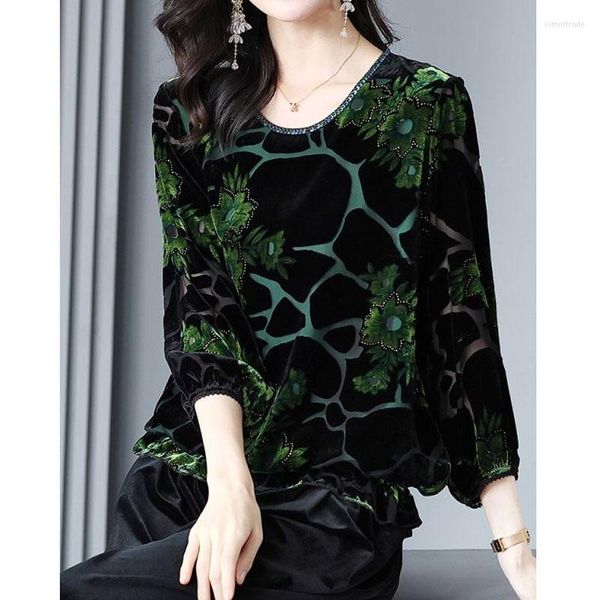 Camisetas de mujer 3D Forma negra Impresión Verde oscuro Terciopelo dorado Patrón floral Lentejuelas Escote Top Diamante con incrustaciones Mujeres Camisetas Tallas grandes