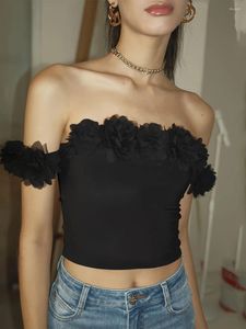 Dames t shirts 3D bloem decor feest slanke crop tops vrouwen zomer stevige kleur gemonteerde buis mouwloos uit schouder tee zwart/wit
