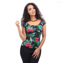 Camisetas de mujer 40- Verano Mujer Vintage 50s Rockabilly Inspirado Tropical Paradise Lorena Top en negro Estilo gitano Tallas grandes Pinup Tops