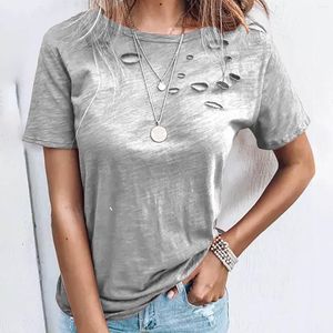 Dames t shirts 40#dames t-shirts gat casual gescheurde korte mouw ronde nek t-shirt zomer solide kleur vintage elegante pullover top