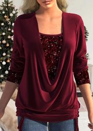 Dames T-shirts 6 kleuren Paillettenblouse Dames Luxe Effen Kleur O-hals Lange mouw Tops Dame Elegant Lente Herfst Feestkleding 3XL