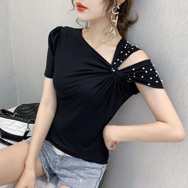T-shirts pour femmes # 7331 T-shirt à manches courtes d'été avec des perles Sexy Tight Women's Skew Collar Korean Fashion Off Shoulder Tshirt Cotton