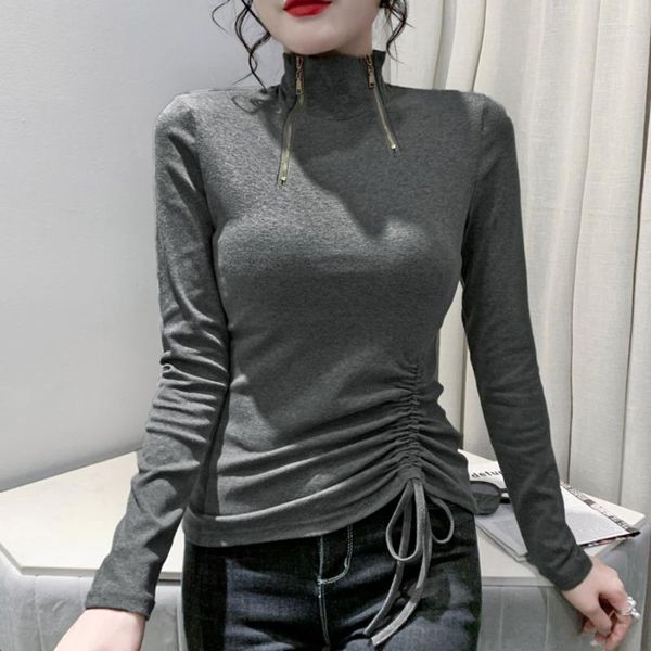Camisetas de mujer #8299 negro rojo gris camisa Irregular mujer cuello alto cremallera Sexy apretado manga larga mujer elástico algodón cordón