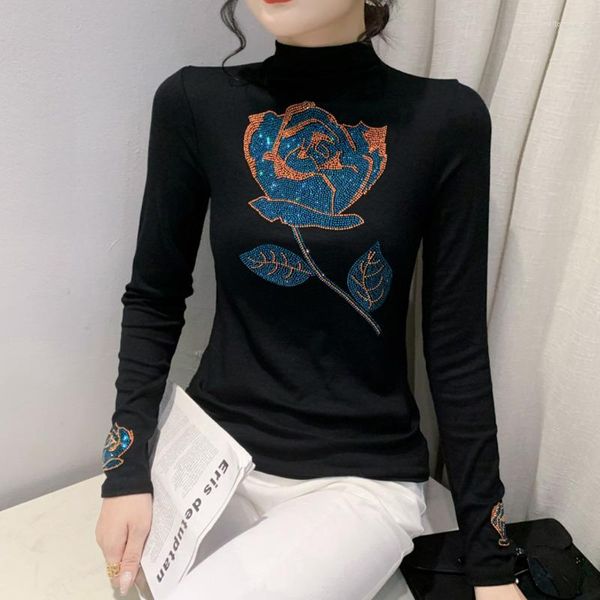 T-shirts pour femmes # 8324 Stretch coton chemise à col roulé femmes diamants fleur serré femme coréenne mode bureau basique t-shirt automne 2023