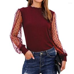 T-shirts pour femmes 896E All-matching Sheer Mesh Manches longues pour les femmes Mode Polka Dots Top Patchwork T-Shirt Streetwear