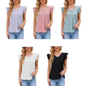 T-shirts pour femmes 95AB Womens Ruffle Cap Sleeve Solid Color Keyhole Back Loose Fit T-Shirts Hollow-Out Eyelet Jacquard Lace V-Neck Blouses