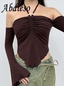 Camisetas de mujer Abdieso Y2K, Top corto Sexy de verano con espalda descubierta, ropa Vintage para mujer, camisa básica de manga larga con hombros descubiertos 2023, ropa de calle de los 90