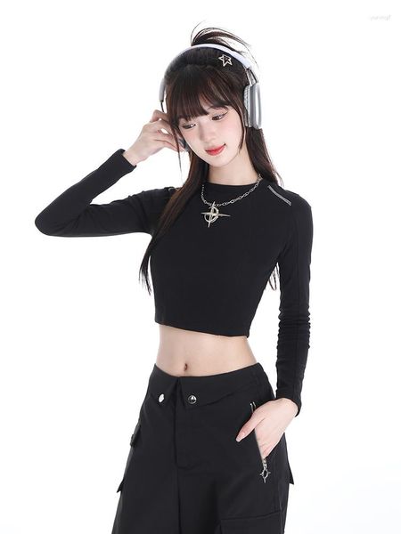 Camisetas para mujer ABG Sexy Metal Simplicidad Cuello redondo Camiseta de manga larga Dulce estilo fresco Adelgazante y ajustado Crop Top Hombro corto