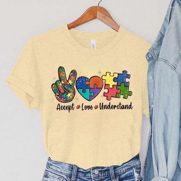 T-shirts pour femmes, imprimés, accepter l'amour et comprendre, sensibilisation à l'autisme, blocs de Puzzle de couleurs, Harajuku, hauts coréens, 2023