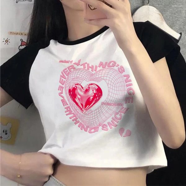 T-shirts pour femmes, Streetwear imprimé cœur esthétique, mode coréenne Cyber Y2k, haut court pour fille, graphique Kawaii Kawai