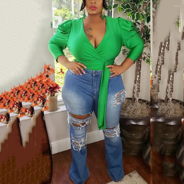 Femmes t-shirts africain Sexy Blouse pour femmes 4XL 5XL vert jaune profond col en V à manches longues hauts courts solide mode 2022