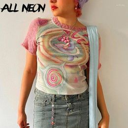 T-shirts pour femmes allneon fairycore sweet d'été à manches courtes t-shirts femmes kawaii imprimement patchwork o-cou tops crops y2k esthétique de base