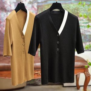 Camisetas para mujer ALSEY, suéter de lana tejido de alta calidad, camiseta de otoño 2024 con cuello en V, Top de manga larga para mujer con colisión de colores
