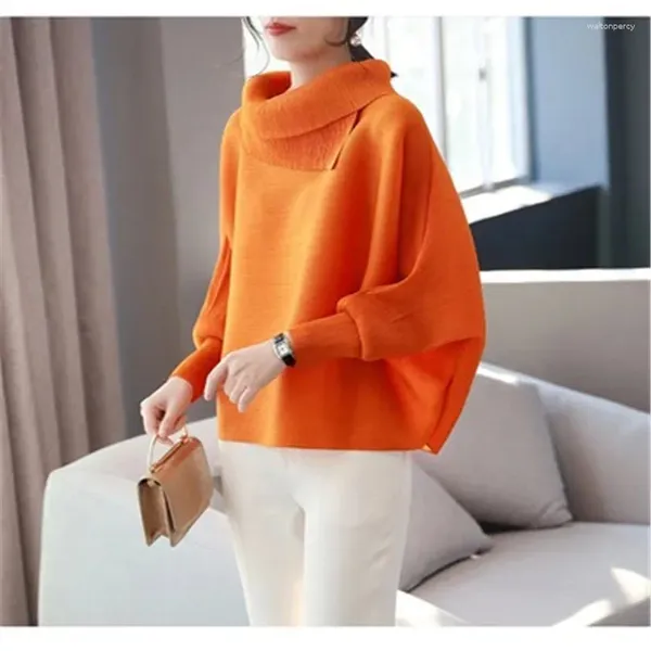 Camisetas para mujer ALSEY Miyake Plisado Moda Temperamento Solapa Manga Murciélago Bufanda Collar Elegante Color Sólido Camisa Suelta Mujer Top Largo