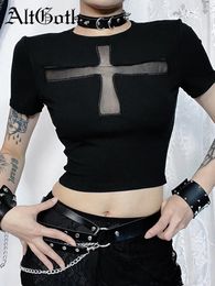 T-shirts pour femmes altgoth esthétique gothique sombre streetwear streetwear harajuku cross maille patchwork à manches courtes