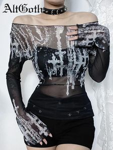 T-shirts pour femmes altgoth coquette gothique t-shirt femme vintage esthétique cyber punk cross imprimé sur l'épaule à manches longues
