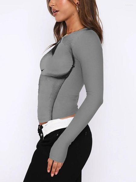 Magliette da donna Alyweatry Donna Sexy 3D Body stampato Crop Top Basic Moda Manica lunga Girocollo Maglietta attillata Camicetta aderente Top