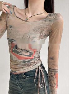 T-shirts pour femmes Graffiti américain TVVOVVIN épaules dénudées maille à manches longues T-shirt automne cordon irrégulier mince crème solaire UN3C