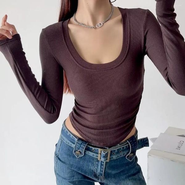 T-shirts pour femmes American Retro U Collier à manches longues Tee Printemps Été Fille Ruché Taille T-shirt Pull Crop Débardeur 5 Couleurs