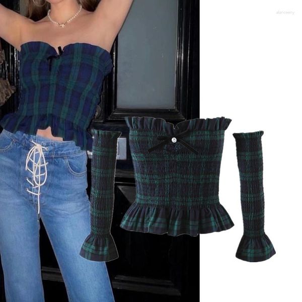 T-shirts pour femmes American Sweetheart Vintage Plaid à brèche élégant tube sexy supérieur Overneeve Bow Short Fashion