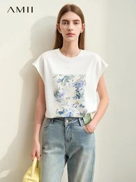 T-shirts pour femmes Amii T-shirts minimalisme pour femmes 2024 Summer Opil Oil Painting Oil Flowers imprimé Loose Trendy Chic Tops 12422098