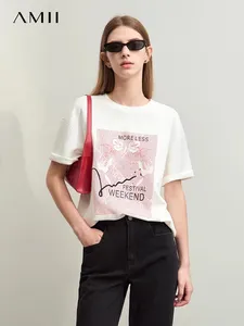 Dames t shirts amii minimalisme t-shirts voor vrouwen 2024 zomer o-neck rozenlijn afdrukken borduurwerk schouder losse casual tops 12442157