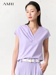 T-shirts pour femmes Amii minimalisme col en V chemise chic femmes 2024 été t-shirts droits manches courtes bureau dame élastique haut décontracté 12342207