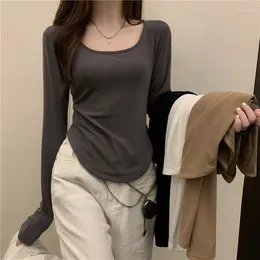 Camiseta feminina anbenser primavera outono manga comprida camiseta 2023 moda ins irregular fino ajuste estudante casual curto topos