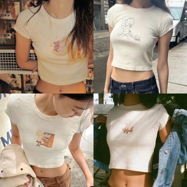 T-shirts pour femmes ange baby graphique t-shirts minces femmes vintage d'été o cou manche courte coton mignon crop top sweet cartoon print y2k