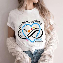 T-shirts pour femmes sensibilisation à l'autisme l'amour n'a pas besoin de mots T-shirts infini pour les femmes mois T-shirts à manches courtes graphique Y2k hauts