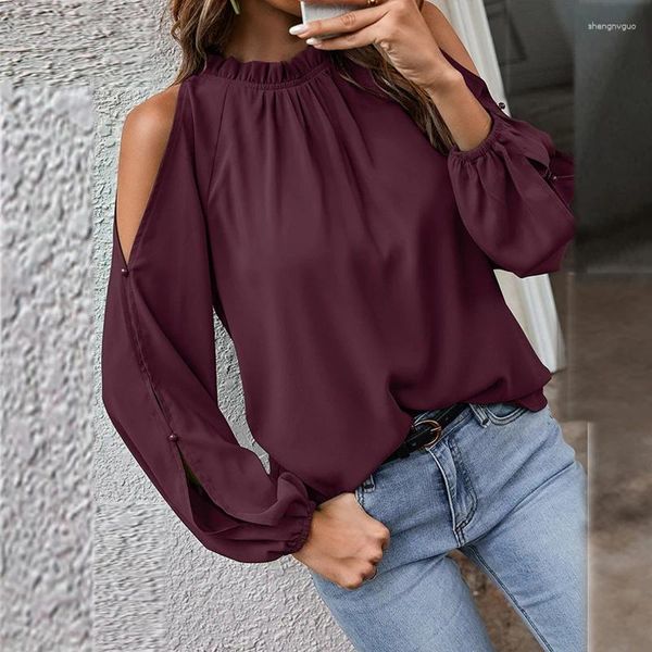 Camisetas para mujeres Otoño e invierno Color limpio Lotus Cuello redondo Manga larga plisada de moda